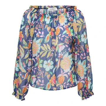 &CO Woman - Blouse lange mouw - Blauw - Acha Multi Flower - Bl379