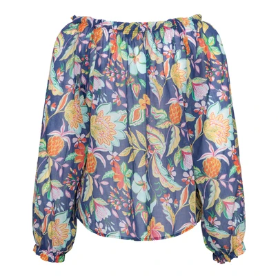 &CO Woman - Blouse lange mouw - Blauw - Acha Multi Flower - Bl379