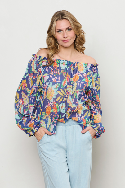 &CO Woman - Blouse lange mouw - Blauw - Acha Multi Flower - Bl379