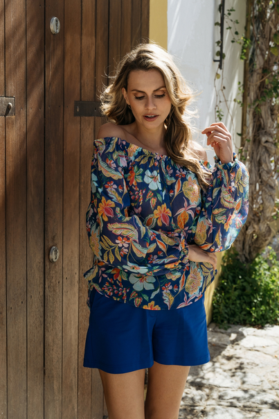 &CO Woman - Blouse lange mouw - Blauw - Acha Multi Flower - Bl379