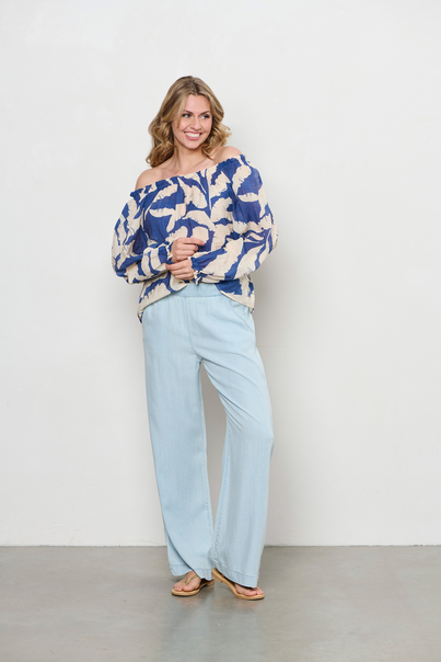 &CO Woman - T-shirt lange mouw - Blauw - Acha Banana Leaf - Bl378