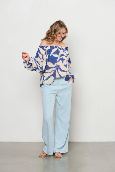 &CO Woman - T-shirt lange mouw - Blauw - Acha Banana Leaf - Bl378