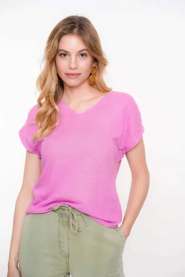 Geisha - T-shirt korte mouw - Paars - Top linen v neck - 52103-47