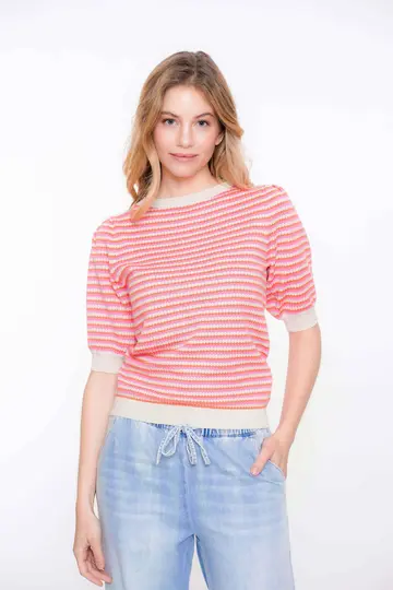 Geisha - Trui met ronde hals - Oranje - Pullover stripes short sleeves - 54033-14
