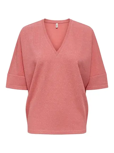 Only - T-shirt korte mouw - Roze - Onlivy S/S Glitter V-Neck Top - 15347713