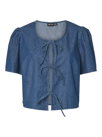 Pieces - Spijkerblouse korte mouw - Donkere denim - Pctenim Ss Top Wvn Bc - 17157937
