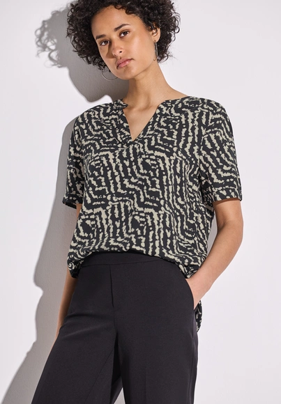 Street One - Spijkerblouse lange mouw - Zwart - LTD QR Splitneck blouse w turn