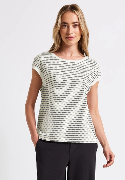 Street One - T-shirt korte mouw - Beige - fine wavy stripe knit - 323500