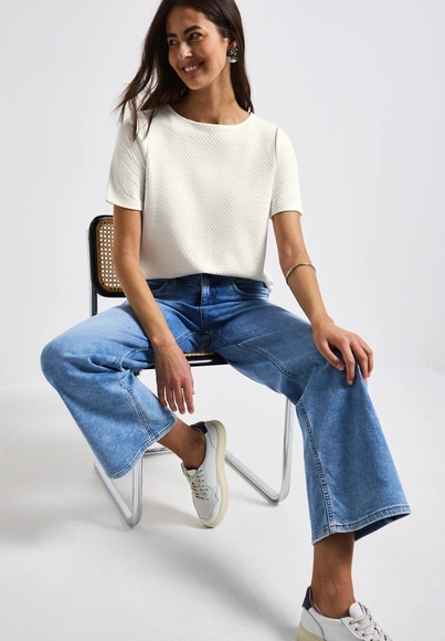 Street One - T-shirt korte mouw - Ecru - cosy structure shirt - 323331