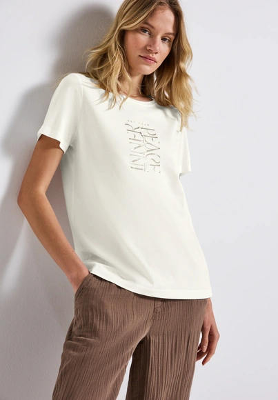 Street One - T-shirt korte mouw - Ecru - wording print shirt - 323577