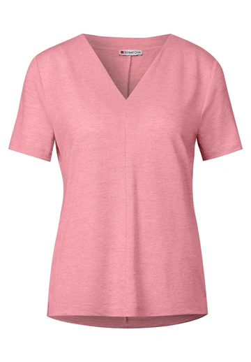 Street One - T-shirt korte mouw - Roze - linen look v-neck shirt - 323335