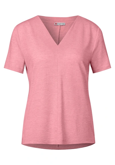 Street One - T-shirt korte mouw - Roze - linen look v-neck shirt - 323335