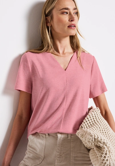 Street One - T-shirt korte mouw - Roze - linen look v-neck shirt - 323335