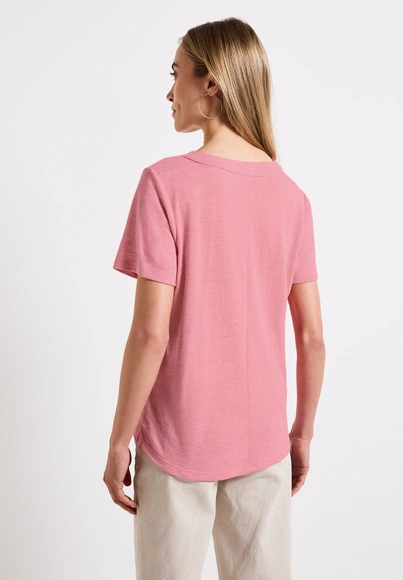 Street One - T-shirt korte mouw - Roze - linen look v-neck shirt - 323335