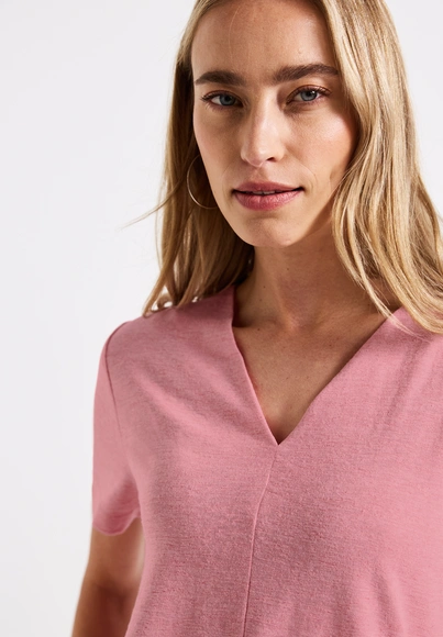 Street One - T-shirt korte mouw - Roze - linen look v-neck shirt - 323335
