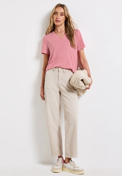 Street One - T-shirt korte mouw - Roze - linen look v-neck shirt - 323335