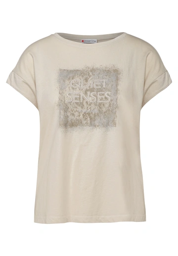 Street One - Trendy T-shirt korte mouw - Beige - washed shirt w.stud wording - A323342
