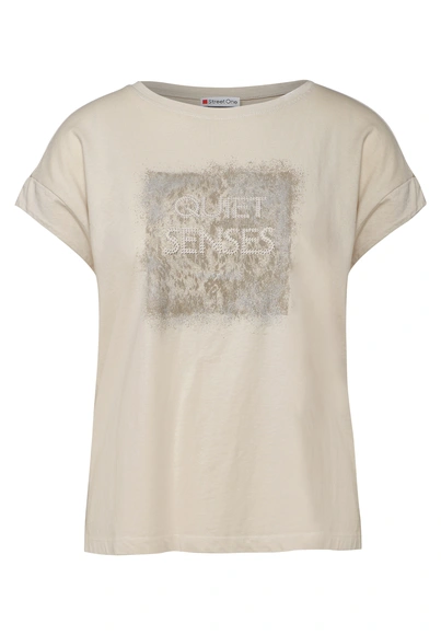 Street One - Trendy T-shirt korte mouw - Beige - washed shirt w.stud wording - A323342
