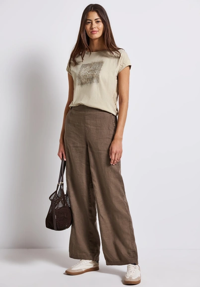 Street One - Trendy T-shirt korte mouw - Beige - washed shirt w.stud wording - A323342