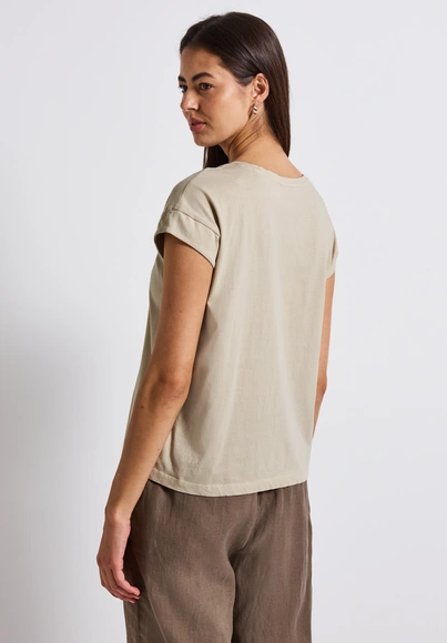 Street One - Trendy T-shirt korte mouw - Beige - washed shirt w.stud wording - A323342