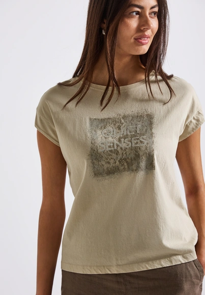 Street One - Trendy T-shirt korte mouw - Beige - washed shirt w.stud wording - A323342