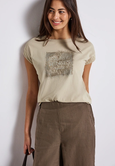 Street One - Trendy T-shirt korte mouw - Beige - washed shirt w.stud wording - A323342