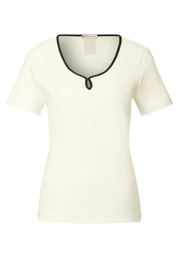 Street One - Trendy T-shirt korte mouw - Ecru - rib shirt w.deco neckline