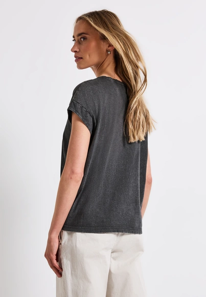 Street One - Trendy T-shirt korte mouw - Grijs - washed shirt w.stud wording - A323342