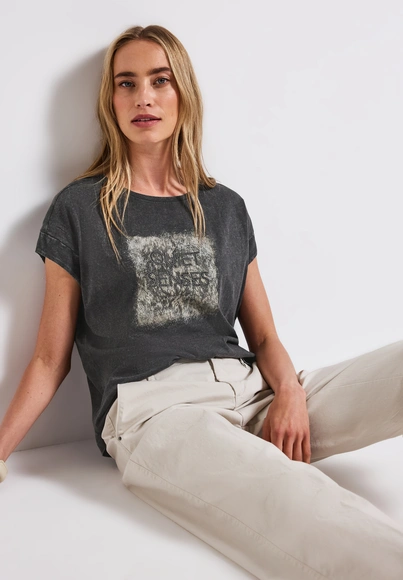 Street One - Trendy T-shirt korte mouw - Grijs - washed shirt w.stud wording - A323342