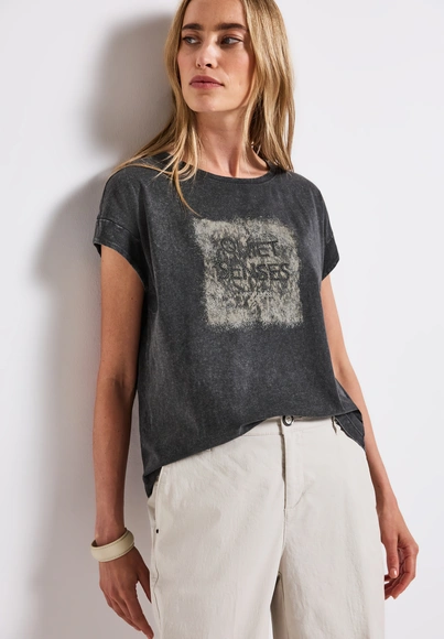 Street One - Trendy T-shirt korte mouw - Grijs - washed shirt w.stud wording - A323342