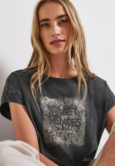 Street One - Trendy T-shirt korte mouw - Grijs - washed shirt w.stud wording - A323342