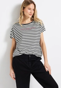 Street One - Trendy T-shirt korte mouw - Zwart - striped shirt w.wording - A323175