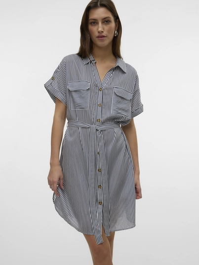 Vero Moda - Jurk - Blauw - Vmbumpy Ss Short Shirt Dress - 10325828