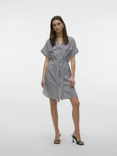 Vero Moda - Jurk - Blauw - Vmbumpy Ss Short Shirt Dress - 10325828