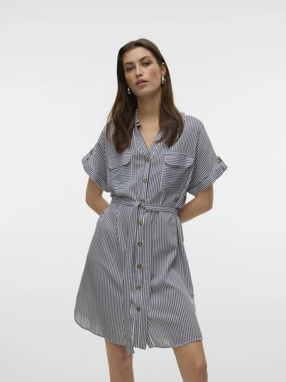 Vero Moda - Jurk - Blauw - Vmbumpy Ss Short Shirt Dress - 10325828