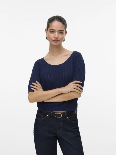 Vero Moda - T-shirt korte mouw - Marineblauw - Vmluxlight Pointelle Ss U-Neck - 10330852