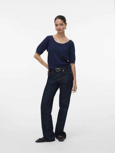 Vero Moda - T-shirt korte mouw - Marineblauw - Vmluxlight Pointelle Ss U-Neck - 10330852