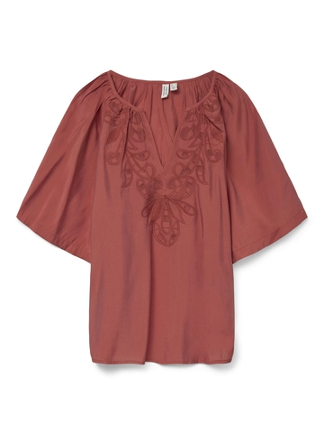 Vero Moda - T-shirt korte mouw - Rood - Vmbriley 2/4 V-Neck Emb. Top W - 10328242