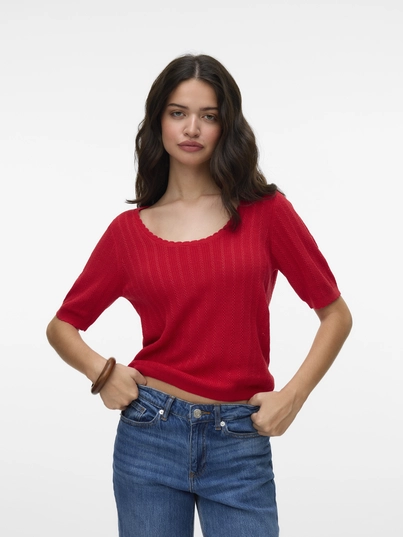 Vero Moda - T-shirt korte mouw - Rood - Vmluxlight Pointelle Ss U-Neck - 10330852