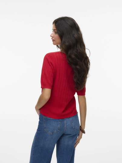 Vero Moda - T-shirt korte mouw - Rood - Vmluxlight Pointelle Ss U-Neck - 10330852