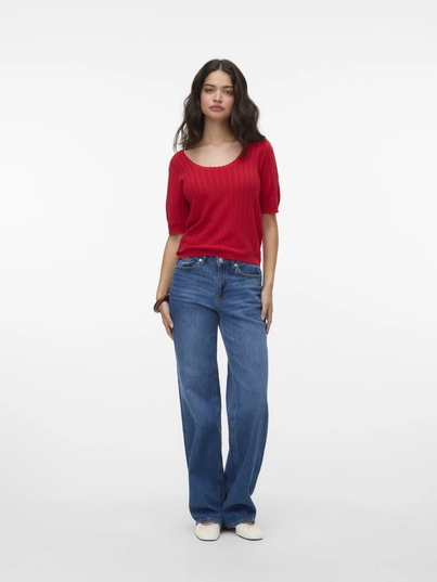 Vero Moda - T-shirt korte mouw - Rood - Vmluxlight Pointelle Ss U-Neck - 10330852