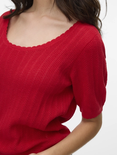 Vero Moda - T-shirt korte mouw - Rood - Vmluxlight Pointelle Ss U-Neck - 10330852