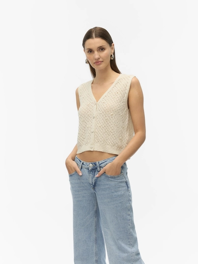 Vero Moda - Vest - Ecru - Vmamalfi Shine Sl V-Neck Short - 10330705